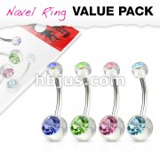 4 Pcs Value Pack of Assorted CZ Color 316L Surgical Steel Navel Rings with Double CZ Clear UV Balls