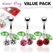 3 Pcs Value Pack of Assorted 316L Surgical Steel Multi CZ Cherry Charm Navel Rings