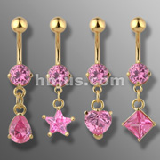 40Pcs Gold Plated Navel Containing Pink Round CZ with Dangling Solitare CZ