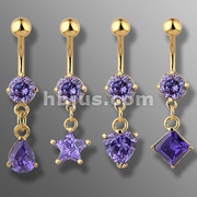40Pcs Gold Plated Navel Containing Tanzanite Round CZ with Dangling Solitare CZ