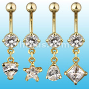 40 Pcs Gold Plated Navel. Round CZ with Dangling Solitare CZ