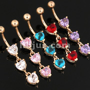 50PC  Gold Plated Navel Ring with 3 CZ Heart Dangle