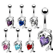 316L Surgical Stainless Steel Navel Banana with Dolphin & Heart CZ