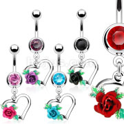14G 1-Gem Banana w/ Colored Metal Rose Set Heart