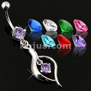 Rodium Plated Navel Ring W/ Prong CZ and Fancy Dangle