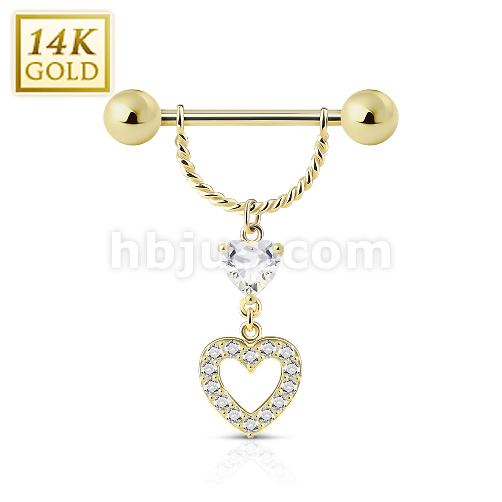 Heart Pave Gemmed Dangle Nipple Ring 14 Karat Solid Yellow Gold