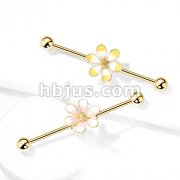 Two Tone Enamel Flower 14kt. Gold Plated over 316L Surgical Steel Industrial Barbells