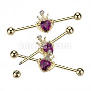 Gold PVD Over 316L Surgical Steel Industrial Barbell With Crown and Pink Gem Heart