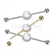 316L Surgical Steel Industrial Barbell With Pearl and Half CZ Rim Edge 