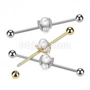 316L Surgical Steel Industrial Barbell With Double Pearl and Pave CZ Horseshoe