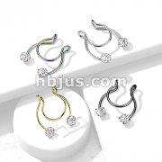316L Surgical Steel Fake Clip on Horseshoe with Forward Facing Prong Set CZ for Septum, Nipple and Ear