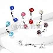 Internally Threaded 316L Surgical Steel Curved Eyebrow Barbells with Epoxy Covered Crystal Paved Ball
