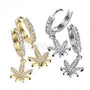 Pair of CZ Paved Front With CZ Paved Pot Leaf Dangle Hoop Earrings