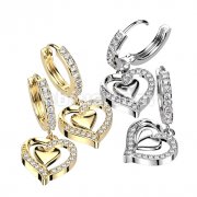Pair of CZ Paved Front With CZ Paved Heart Dangle Hoop Earrings