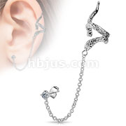 Snake Design with Clear CZ Stud Chain Earring Rhodium Plated Brass Ear Cuff