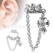 Crown with Chain and Clear CZ Stud Cross Dangle Rhodium Plated Brass Non-Piercing Ear Cuff