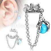 Crown with Chain and Dragon Ball Dangle Rhodium Plated Brass Non-Piercing Ear Cuff