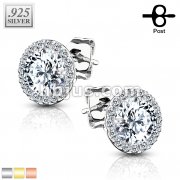 Pair of .925 Sterling Silver Stud Earrings/CZ Paved Round With 5mm CZ Center