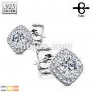 Pair of .925 Sterling Silver Stud Earrings/CZ Paved Square With Cushion CZ Center