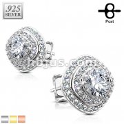 Pair of .925 Sterling Silver CZ Paved Triple Tier Square Stud Earrings