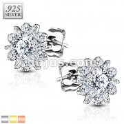 Pair of .925 Sterling Silver Stud Earrings/Double Tiered CZ Set Dahlia Flower