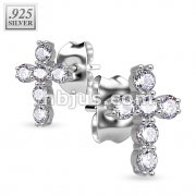 Pair of 925. STERLING SILVER STUD EAR RINGS W/ALL PRONG SET CZ CROSS