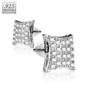 Pair of .925 Sterling Silver Gem Paved Hyperbolic Square Stud 