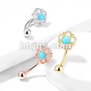 Flower Filigree Turquoise Center Top 316L Surgical Steel Eyebrow Rings/ Curved Barbells