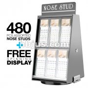 12 Pre Loaded Nose Stud Packs With Rotating Display. Mixed Colo Gem on L Bend, Bone and Screw Type. 480 Pcs Total