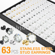 63 Pairs of 316L Surgical Steel Assorted CZ Ear Studs with Puff Pads and 