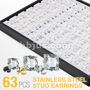 63 Pairs of 316L Surgical Steel Assorted Princess Cut Square CZ Ear Studs with Puff Pads and 