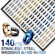 140 Pcs of Assorted Stainless Steel Wedding Band Ring Package with Tray Display