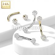 14K Gold Curved Eyebrow Barbell with CZ Paved Balls