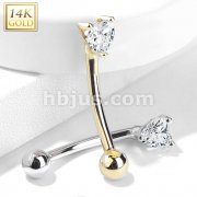 14 Kt. Gold Heart CZ Prong Set Top 16ga Eyebrow Curved Rings