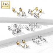 Pair of 14K Gold Ear Studs with Square Prong Set CZ
