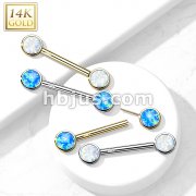14K Gold Threadless Nipple Barbells with Round Bezel Set Opa Ends