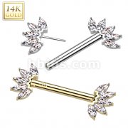 14K Gold Threadless Nipple Barbells with 5-Marquise CZ Set FanEnds