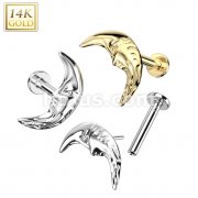 14K Gold Threadless Labret/Flat Back Stud With Face In Crescent Moon Top