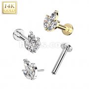 14K Gold Threadless Labret/Flat Back Stud With 3 Marquise CZ Leaf Top