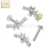 14K Gold Threadless Labret/Flat Back Stud Fan With 3 Marquise CZ Center Top