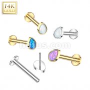 14K Gold Threadless Labret/Flat Back Stud With Pear Opal Top