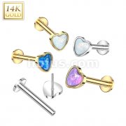 14K Gold Threadless Labret/Flat Back Stud With Heart Opal Top