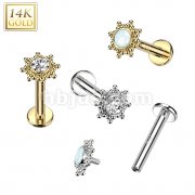 14K Gold Internally Threaded Labret, Flat Back Stud With CZ or Opal Centered Tribal Sun Top