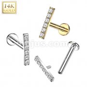 14K Gold Internally Threaded Labret, Flat Back Stud With CZ Paved Bar Top