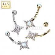 14K Gold Starburst With Top and Center Opal or CZ Belly Button Navel Ring