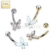14K Gold CZ or Opal Butterfly Belly Button Navel Ring