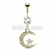 Moon & Star CZ Dangle 14kt Gold Plated Navel Ring 