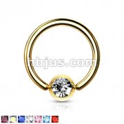 Gold Plated Over 316L Surgical Steel Ring with Press Fit Gem Set Ball