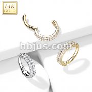 14K Gold Hinged Segment Hoop Ring with Double Line Paved CZ