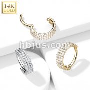 14K Gold Hinged Segment Hoop Ring with Triple Line Paved CZ